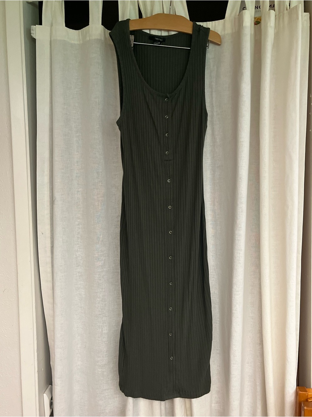Forever 21 Olive Green Ribbed Button-Front Bodycon Midi Dress